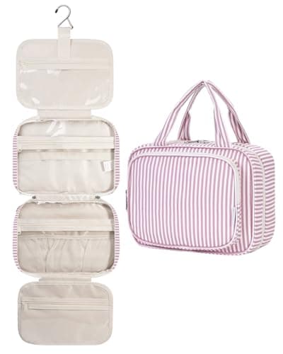 Image of Narwey Hanging Travel Toiletry Bag for Women Wash Bag Cosmetics Makeup Bag Organizer for Travel Size Accessories (Dusty Rose Stripe (Medium))