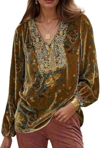 Image of Women Long Sleeve V Neck Boho Embroidered Floral Print Velvet Shirt-Elegant Vintage Oversized Loose Tunic Blouse Fall Tops (Yellow,M)