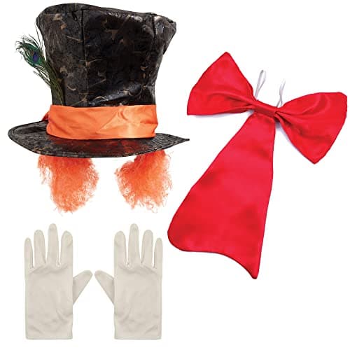 Image of Mega_Jumble Adult Mad Hatter Costume Accessories Set, Alice in Wonderland Mad Hatter Hat with Orange Hairs, White Gloves & Large Red Bow Tie | Halloween, Theme Tea Party Book Week Dress Up