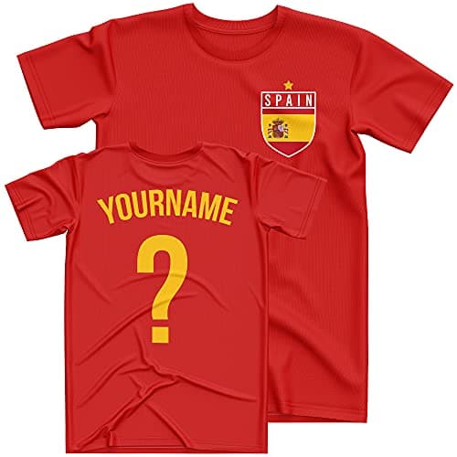 Image of Spain Football Shirt Kids - Spain Flag Badge Custom Name And Number T Shirt - Espania Football Personalised Retro Europe Summer 2021 Footy Gifts For Boy - Unique European Footie Top, 7-8 Years, Red