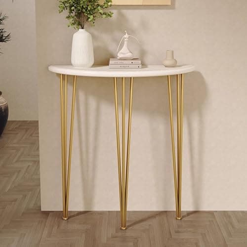 Image of MAAOBR Half Moon Console Table Wood White Slim Entryway Table Slim Entryway Table Skinny Entry with Metal Frame Semi Circle Accent Table for Living Room Hallway Entrance(Gold,60x25x80CM)