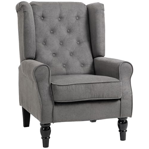 Image of HOMCOM Wingback Accent Chair, Snow Flannel Armchair with Thick Spring Cushion, High Back, Solid Wood Legs, Retro Button Tufted Reading Chair for Living Room, Bedroom, Dark Grey