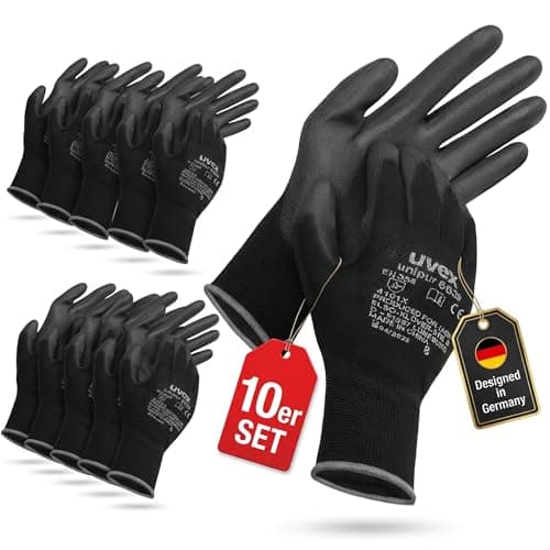 Image of Uvex unipur 6639 Protective Gloves, 10 Pairs Work Gloves/Assembly Gloves for Men and Women, Black, Size 08/M