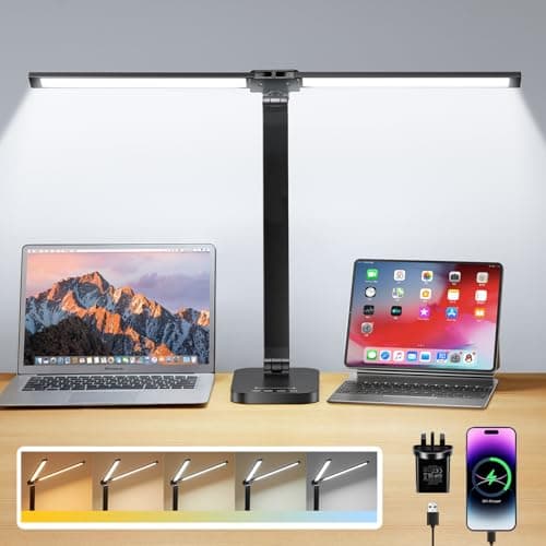 Image of One Fire Dual Swing Arm Desk Lamp, 10 Brightness/5 Colors/Memory Reading Lamp, 1200LM+196 LED Desk Lamp with Adapter & USB Charging Port, 1.8M Range Desk Light, Desk Lamps Office