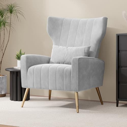 Image of Hawthyhome Velvet Armchair Recliner with Comfortable Cushion with Pillow Golden Metal Legs Padded Seat Lounge Couch Armchair for Living room,and Bedroom Gray