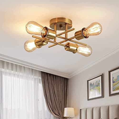 Image of Qcyuui Gold Modern Ceiling Light Fixture Industrial 4-Light Ceiling Lamp Semi Flush Mount Chandelier Ceiling Lighting for Farmhouse Kitchen Bedroom Living Room, E27 Base(Bulb Not Included)