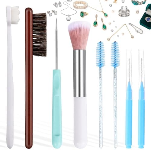 Image of ElevateTech Jewelry Cleaning Brush Kit, 18 Pcs Jewelry Cleaner Brush Horse Hair Brushes Needles Crevice Brushes Cleaning Polishing Cloth for All Jewelries Ring Earring Diamond