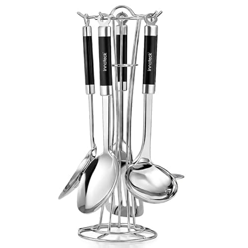 Image of Innoteck 5pcs Cooking Utensil Set with Wire Holder - Stainless Steel Slotted Turner, Soup Laddle, Solid Spoon, Slotted Spoon & Masher Set - Nonstick Kitchen Utensils Set - Cookware Tools