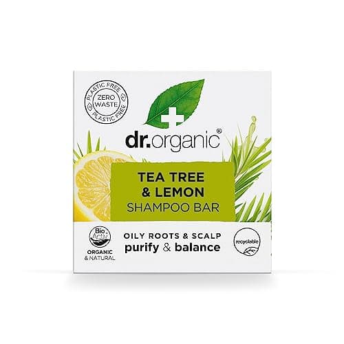 Image of Dr Organic Tea Tree & Lemon Shampoo Bar, Clarifying, for Oily Roots & Scalps, Plastic Free, Solid Shampoo Bar, Natural, Vegan, Cruelty-Free, 75g
