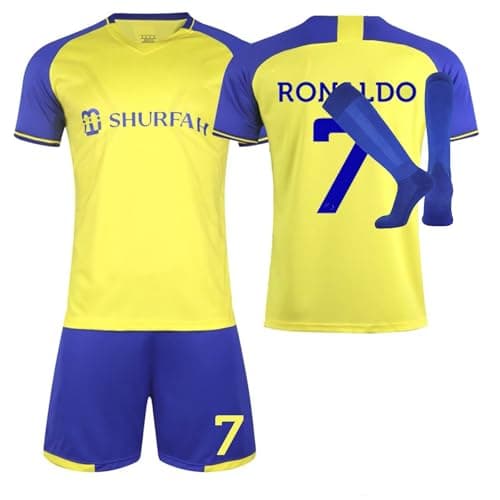 Image of Al NASSR FC Jersey Kit for Adult and Children, 2022/23 Soccer Jerseys Activewear Football Kits Boys' Football Training Shirts Shorts and Socks Al NASSR FC Soccer Kit (No.7,Children 6-7 Years)