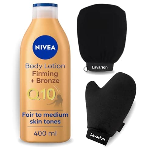 Image of NIVEA Q10 Firming + Bronze Body Lotion 400ml Tanning Kit – Gradual Tan Moisturiser with Tanning Mitt & Exfoliating Glove by Lavarion – For Fair to Medium Skin