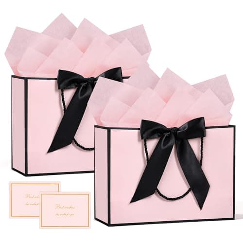Image of BBLIKE Medium Gift Bags for Present - 2 Pcs Birthday Gift Bag with 4 Wrappers and 2 Cards, Luxury Paper Bags with Handles for Girls Womens Wedding Party Christmas Valentines Bridesmaid (Pink Black)