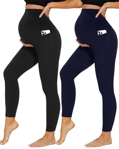 Image of DDOBB 2 Pack Maternity Leggings Over Bump with Pockets High Waist Black Soft Belly Support Stretchy Pregnancy Pants Yoga Workout Pajama Trousers