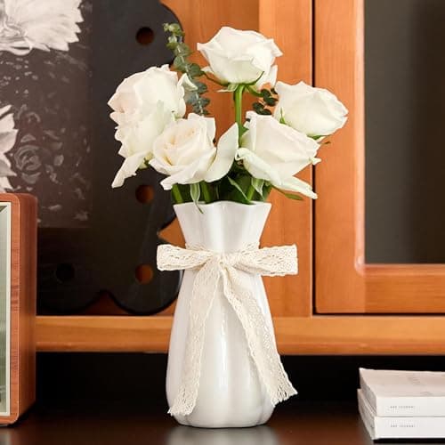 Image of SEUYUCL White Ceramic Flower Vase, 20cm Modern Decorative Vases Minimalism Boho Vases for Home Decor, White Vase for Table Centerpieces Bedroom Living Room Office Wedding Farmhouse Decor
