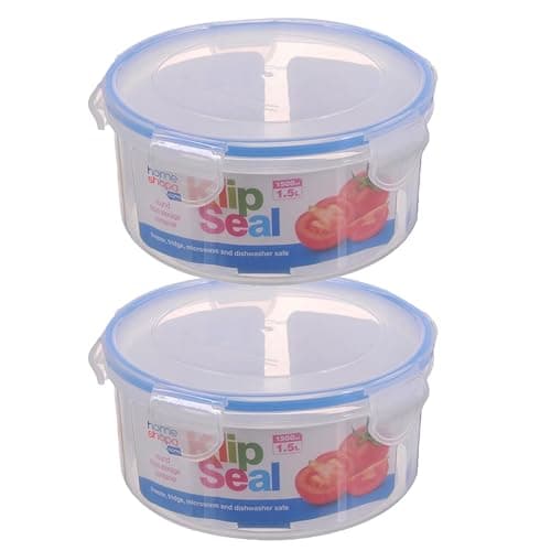 Image of HOMESHOPA Plastic Airtight Food Storage Container, 1.5 Litre 2 Pack Round Leakproof Stackable Container with Clip-Lock Lid, BPA Free Reusable Meal Prep Lunch Box, Microwave Freezer & Dishwasher Safe