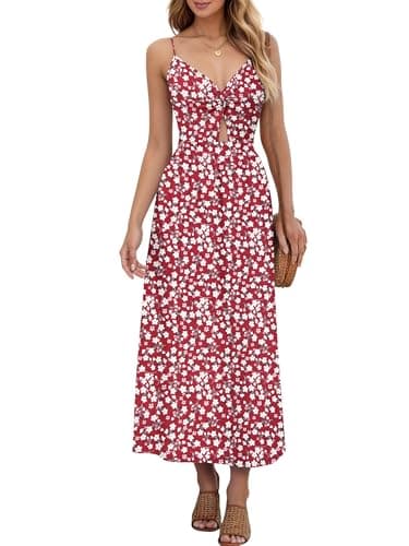 Image of AUSELILY Summer Dress V Neck Maxi Dresses Spaghetti Strap Twist-Front Keyhole Cutout A-line Wrap Dress with Pockets Red Flowers L