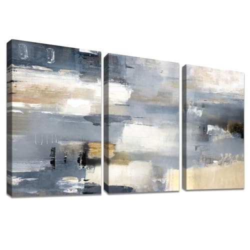 Image of 3 Panels Wooden Framed Canvas Wall Art Set Abstract Grey Beige White Painting on Canvas Prints Poster Artworks Pictures for Living Room Bedroom Hallway Stairs Home Office Wall Decor 30x40cm x3pcs