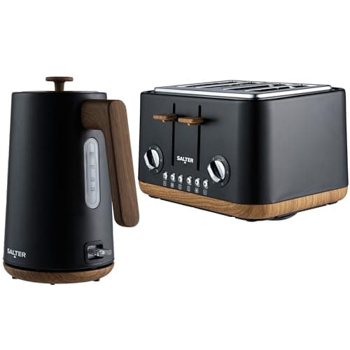 Image of Salter COMBO-9135 Toronto Kettle and 4-Slice Toaster Set – 1.7 L Fast Boil Kettle With Limescale Filter, Wide Toasting Slots, High-Lift Eject, Wood Effect, 6 Browning Levels, 3000/1630 W, Matt Black