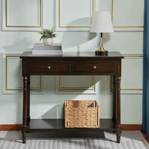 Image of PADMA HOUSE Solid Wood Console Entry Table with 2 Drawers, Accent Sofa Table with Storage Shelf, Narrow Entryway Hall Table for Living Room Office Easy Assembly 90 * 35 * 76.5 cm (Vintage Walnut)