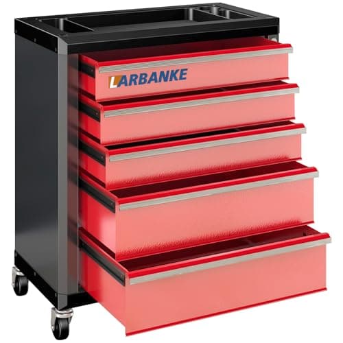 Image of LARBANKE 5-Drawer Rolling Tool Chest with 360°Swivel Casters and Locking System, Tool Chest with Waterproof Multipurpose Top and Connecting Rods for Stacking with Same Series Tool Cabinet, Red&Black