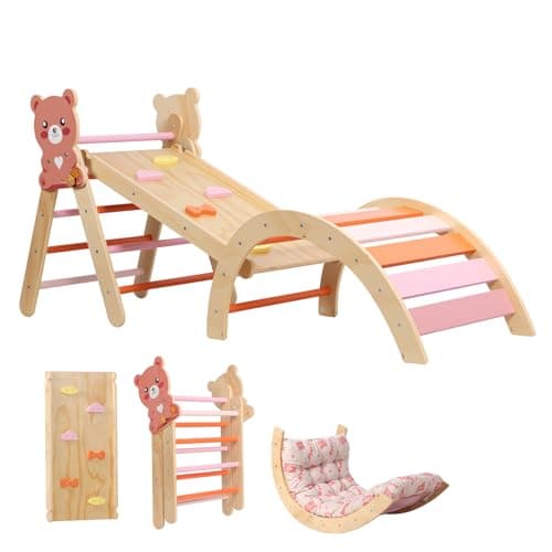 Image of Panana Wooden Climbing Frame for Toddlers,Foldable Climbing Frame with Soft Cushion,Montessori Indoor Play Jungle Gym for Kids 166 x 49 x 69cm (Bear)