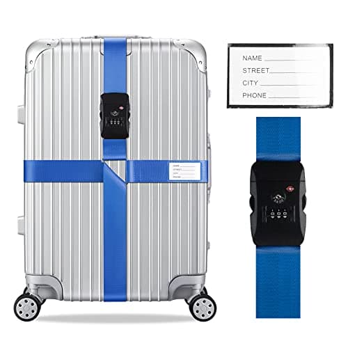Image of Veki Cross Luggage Straps Set TSA Approved with Lock Adjustable Travel Suitcase Belts Suitcase Tags with Name ID Card Packing Straps for Suitcases Strap Travel Accessories (Blue, 1pcs)