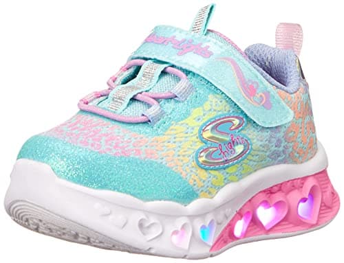 Image of Skechers Kids Girls Flutter Heart Lights-Loves Sneaker, Turquoise/Multi, 6 Toddler