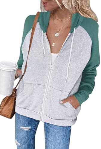 Image of LACOZY Womens Color Block Zip Up Hoodies Long Sleeve Hooded Sweatshirts Workout Tops with Pockets Green L