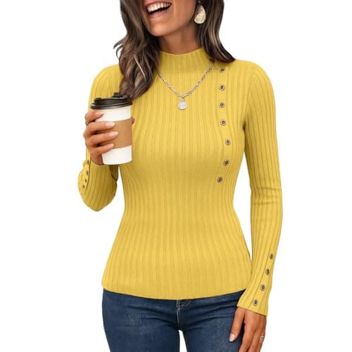 Image of Women's Jumpers Crew Neck Long Sleeve Ribbed Knit Pullover Sweater with Decorative Button Design Fashion Slim Fit Ladies Jumpers Yellow S