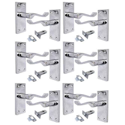Image of Haven Heritage Victorian Scroll Lever Door Handle on Backplate – Polished Chrome, 118mm x 42mm -Pack of 6 with 63 mm Tubular Latch