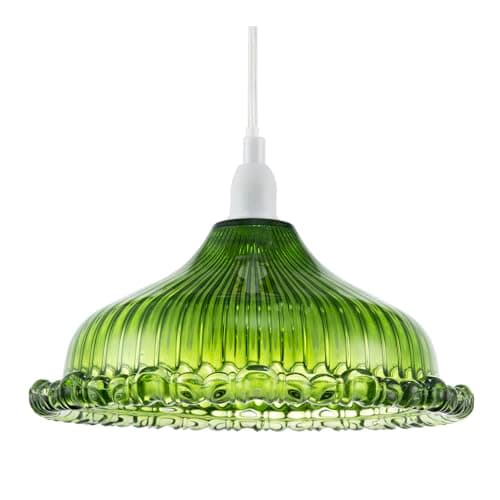 Image of Modern Designer Emerald Green Line Ribbed Glass Pendant Ceiling Lighting Shade with Moulded Rippled Edge | E14 only | 12cm x 25cm by Happy Homewares