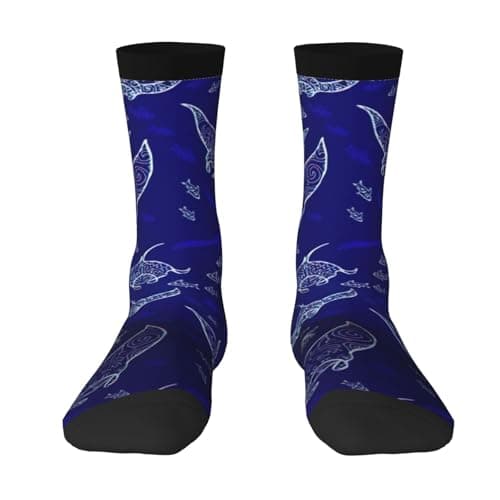 Image of asbwuo Manta Ray And Fish Crew Contrasting Pairs Socks For Men Women, Adult Outdoor Casual Athletic Sports Socks