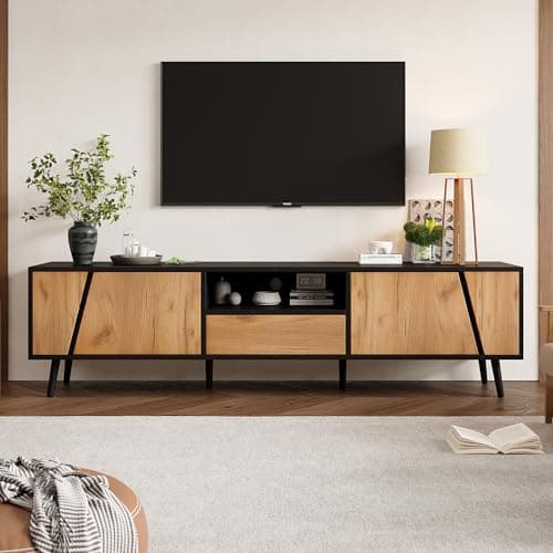 Image of Merax TV Stand for 75 Inch TV, 180cm TV Unit, Modern TV Cabinet with Storage Shelf, Wood & Black TV Console Entertainment Centre for Living Room Bedroom