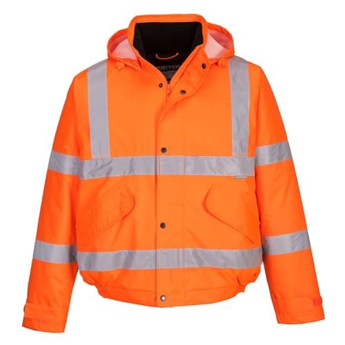 Image of Portwest S463 Mens Hi Vis Winter Bomber Jacket Waterproof Windproof Mens Winter Workwear Padded Pack Away Hood Reflective Tape Cold Weather Coat, Orange, 5XL