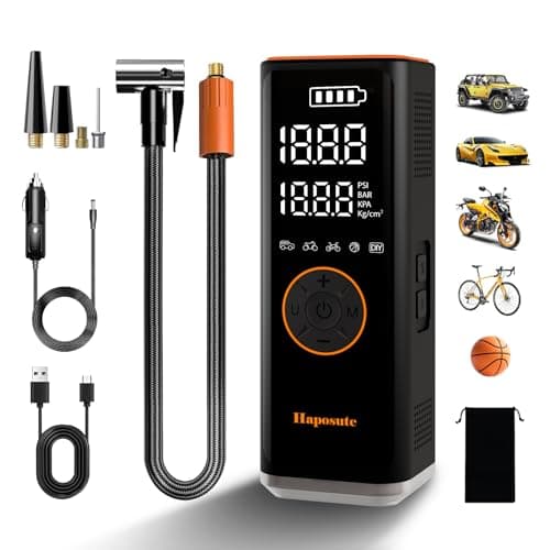 Image of Haposute Tyre Inflator Portable Air Compressor 12V DC, 150PSI Corded/Cordless 6000mAh Long-Lasting Battery Electric Air Pump with Digital Display & Dual LED Light for Car, Motorcycle, Bike, Ball & DIY