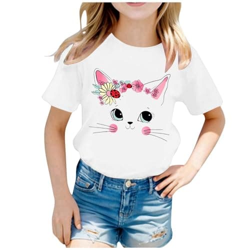 Image of Vuncio Kids T Shirts Girls Age 2-14 Years Cat Funny Graphic Short Sleeve Round Neck Tshirts Teenage Girls Spring Summer Casual Jogging Athletic Cartoon Cute Blouse (White, 8-10 Years)