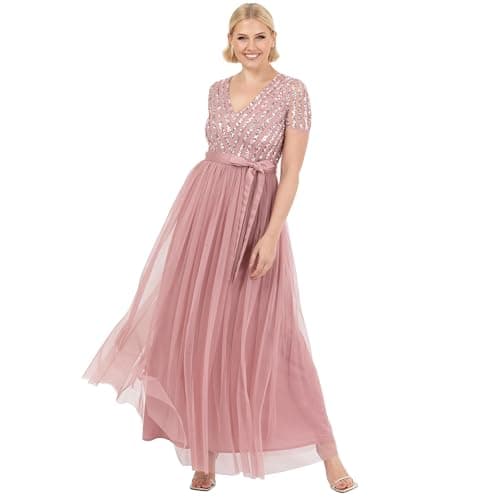 Image of Maya Deluxe Maxi Dress for Women Ladies Braidesmaid V-Neck Ball Gown Short Sleeves Long Elegant Empire Waist with Belt Vintage Rose Size 12