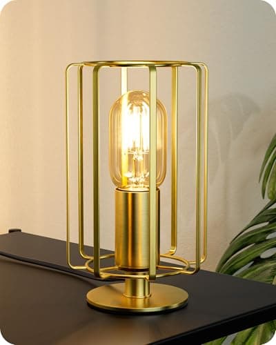 Image of EDISHINE Table Lamp, E27 Socket & LED Bulb Included, 21.5CM, 2400K Bedside Lamp with Gold Cylindrical Flat Iron Cage Shade for Bedroom, Living Room