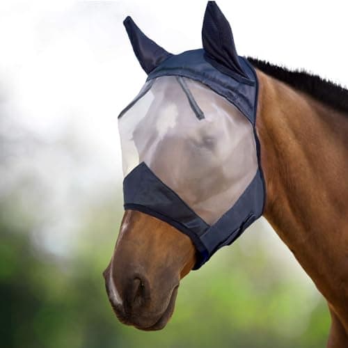 Image of Harrison Howard CareMaster Horse Fly Mask Half Face with Ears Black/Silver Retro Medium Cob