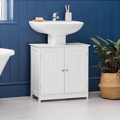 Image of CHRISTOW White Under Sink Bathroom Cabinet, Free Standing Wooden Sink Storage Unit, Basin Cupboard With Shelf