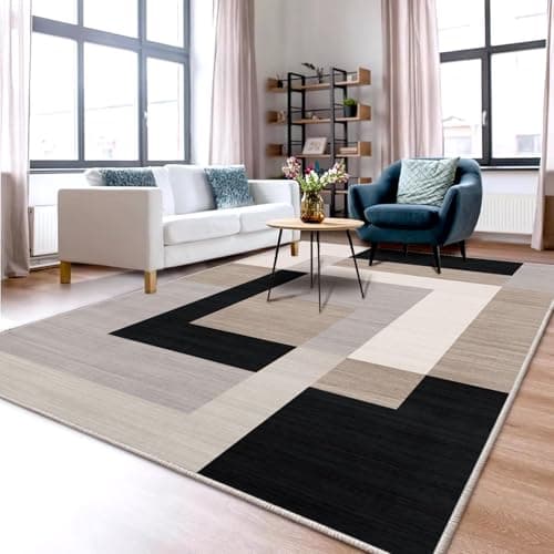 Image of Aspire Homeware Rugs Living room 120 x 170 Anti Slip Geometric Style Bedroom Rug – Soft Easy to Clean Floor Carpets Nursery Room Playmat – Non-Shedding Black and Cream Area Rugs(Milo Neutral)