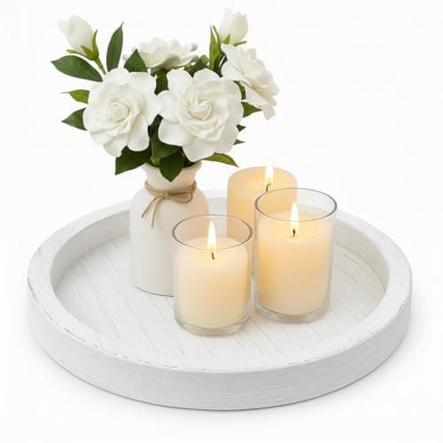 Image of Rustic Round Wooden Serving Tray,Round Wood Decorative Candle Holder Farmhouse Coffee Table Centrepiece Decorative Tray, Decorative Candle Tray for Pillar Candles for Home Table （Old White） ﻿