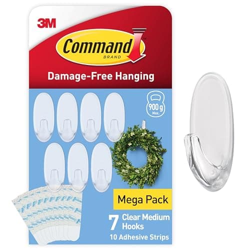 Image of Command Clear Medium Hooks with Clear Strips, Multi Pack of 7 Hooks + 10 Adhesive Strips - Indoor Use - Suitable for Hanging Items up to 900 g - Damage Free Hanging