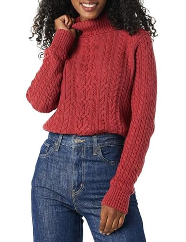 Image of Amazon Essentials Women's Cable Knit Turtle Neck Jumper (Available in Plus Size), Dark Red, XS