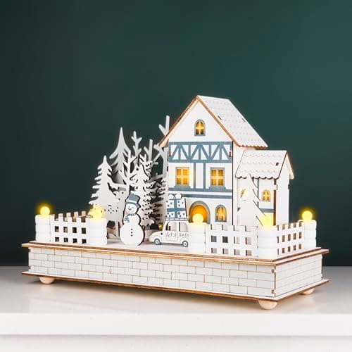 Image of Marco Paul Wooden LED Christmas Village Scene Decoration Battery Operated Light Up White Ornament with Warm White Lighting Festive Snowman House Tabletop Window Display Décor