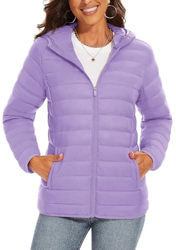 Image of TAVCASEN Ladies Jacket Quilted Padded Down Coats Hooded Outdoor Down Jackets Full Zip Casual Padded Jacket Lightweight Jacket,Light Purple,XL