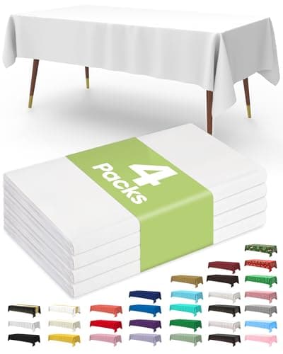 Image of Pureegg Plastic Table Cloth Disposable 4 Pack, 137 x 274 cm Table Cloths for Parties, Decorative Tablecloths for Rectangle Tables, White Plastic Cover, Leakproof & Sturdy, White