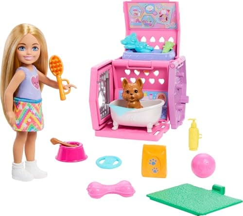 Image of BARBIE Chelsea® Puppy Carrier Playset, Blonde Small Doll and Accessories, Dog Carrier with Puppy Themed Play Pieces, JDF89