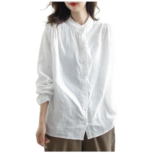 Image of Linen Summer Tops for Women Long Sleeve High Low 2026 Crinkle Gauze Shirts Embroidered Spring Oversized Party Blouses 3/4 Sleeve Casual Flowy Trendy Shirt Color Block Cotton Club White