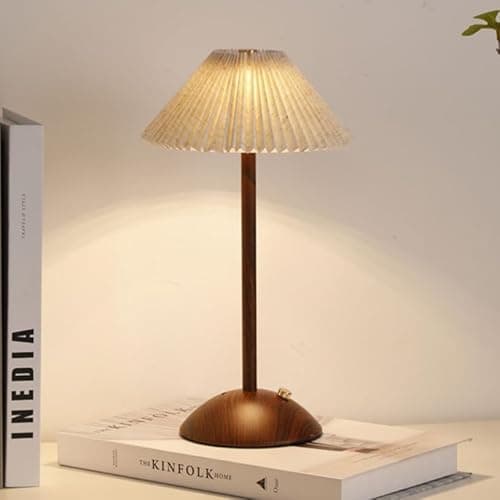 Image of BomKra Cordless Table Lamp Minimalist Touch Lamp Dimmable 3 Color Bedside Lamp Rice Paper Walnut Wood Rechargeable Night Light for Bderoom Living Room Dinner Bar